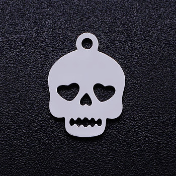 201 Stainless Steel Charms, Skull, Stainless Steel Color, 13.5x10x1mm, Hole: 1.4mm