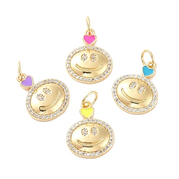 Brass Micro Pave Clear Cubic Zirconia Pendants, with Enamel, Cadmium Free & Lead Free, Flat Round with Smiling Face, Real 18K Gold Plated, 19x15x3mm