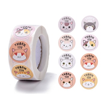 Flat Round Paper Thank You Stickers, Cartoon Animal Pattern with Word Thank you, Self-Adhesive Gift Tag Labels Youstickers, Cat Pattern, 6.3x2.95cm, 500pcs/roll