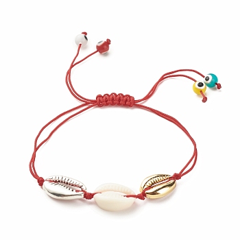 Acrylic & Alloy Shell Braided Bead Bracelet with Lampwork Evil Eye, Adjustable Bracelet for Women, Red, Inner Diameter: 1/2~3-1/2 inch(1.4~8.8cm)