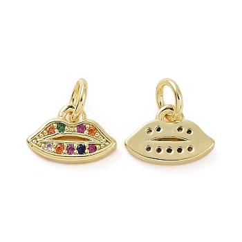 Brass Micro Pave Colorful Cubic Zirconia Charms, with Jump Ring, Lip, Real 18K Gold Plated, 7x10x1.7mm, Hole: 3.2mm