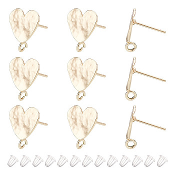 10Pcs Heart Shape Brass Stud Earring Findings, with Vertical Loop and 20Pcs Plastic Ear Nuts, Real 18K Gold Plated, 14x13mm, Hole: 1.6mm, Pin: 0.7mm