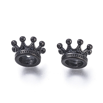 304 Stainless Steel European Beads, Large Hole Beads, with Cubic Zirconia Beads, Crown, Gunmetal, 11x7mm, Hole: 6mm