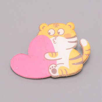 Tiger with Heart Chinese Zodiac Acrylic Brooch, Lapel Pin for Chinese Tiger New Year Gift, White, Pink, 32.5x45.5x7mm