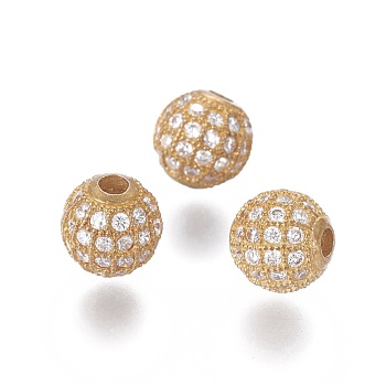 Brass Micro Pave Cubic Zirconia Beads, Nickel Free, Round, Raw(Unplated), 8mm, Hole: 2mm