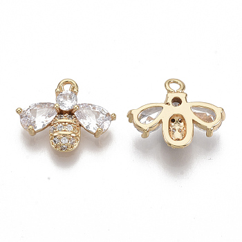 Brass Micro Pave Cubic Zirconia Charms, Nickel Free, Bee, Clear, Real 18K Gold Plated, 11.5x14x3.5mm, Hole: 1.4mm