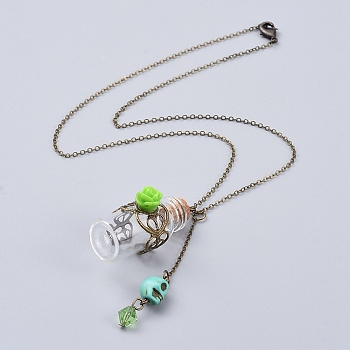 Pendant Necklaces, with Skull Synthetic Howlite Beads, Rose Flower Resin Beads, Glass Bottles and Antique Bronze Plated Brass Cable Chains, for Blood Vial Necklace Making, Green, 18.11 inch(46cm)