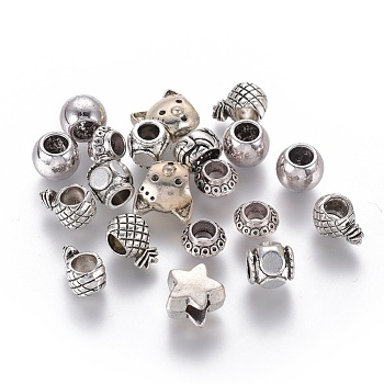 Tibetan Style European Beads, Mixed Shapes, Antique Silver, 9~14x8.5~12x5~8mm, Hole: 3~4mm