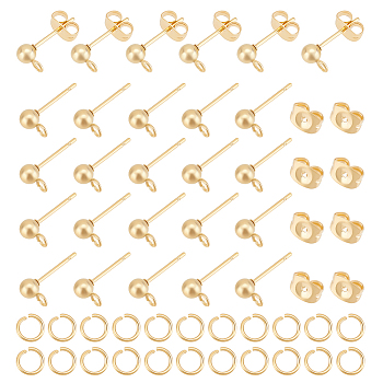 100Pcs 304 Stainless Steel Ball Stud Earring Findings, with Horizontal Loops & 100Pcs Ear Nuts & 100Pcs Open Jump Rings, Golden, 15x7x4mm, Hole: 1.7mm, Pin: 0.8mm