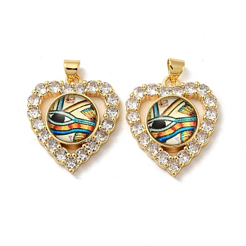 Real 18K Gold Plated Brass Pendants, with Glass and Acrylic, Heart with Evil Eye Charms, Colorful, 26x22.5x7mm, Hole: 4.5x3.5mm