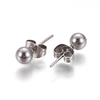 304 Stainless Steel Ball Stud Earrings, Stainless Steel Color, 5mm, Pin: 0.8mm