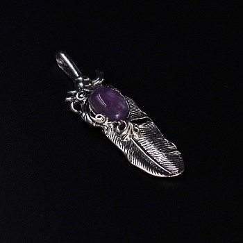 Natural Amethyst Big Pendants, Platinum Plated Alloy Feather Charms, 60x18mm