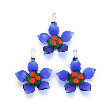 Handmade Lampwork Pendants, Flower, Blue, 40~42x33~35x13~15mm, Hole: 3~5mm