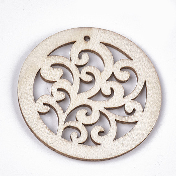 Undyed Wood Big Pendants, Flat Round with Branch, Creamy White, 50x2~2.5mm, Hole: 2mm
