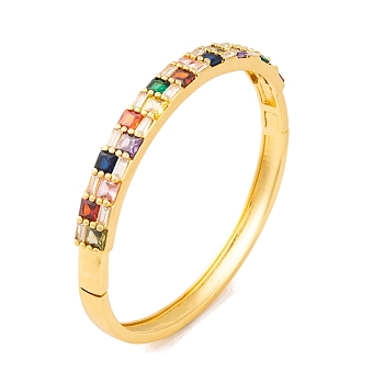 Brass Pave Colorful Cubic Zirconia Hinged Bangles for Women, Real 18K Gold Plated, Rectangle, Inner Diameter: 2-3/8 inch(5.9cm), 7mm