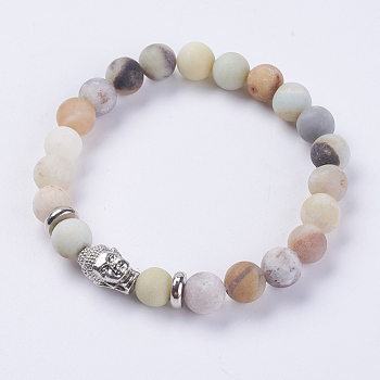 Natural Flower Amazonite Beads Stretch Bracelets, with Alloy Finding, Frosted, Buddha's Head, Antique Silver, 2-1/8 inch(55mm)