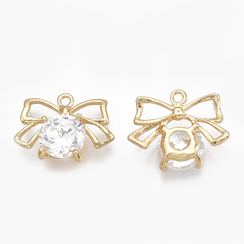 Cubic Zirconia Charms, Real 18K Gold Plated, with Brass Findings, Bowknot, Clear, 13x16x5mm, Hole: 1.2mm