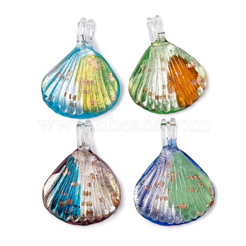 Handmade Silver Foil Glass Large Pendants, 925 Silver, with Gold Sand, Shell, Mixed Color, about 44mm wide, 59mm long, 15mm thick, hole: 7mm(X-SLSP136)