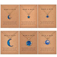 6Pcs Blue Moon Pendant Necklace, Adjustable Alloy Enamel Blue Star Planet Cat Dangle Charms Necklace Gifts for Women Lovers Christmas Birthday, Golden, 16.54 inch(42cm)(JN1067A)