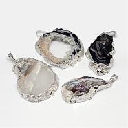 Imported Natural Geode Agate Big Pendants, Nuggets, with Brass Finding, Silver, 35~71x15~35x5~8mm, Hole: 5x8mm(G-G895-08S)