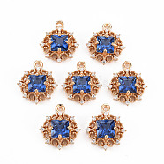 Rack Plating Brass Micro Pave Clear Cubic Zirconia Pendants, with Faceted Glass, Long-Lasting Plated, Cadmium Free & Lead Free, Flat Round, Royal Blue, 16.5x14x5mm, Hole: 1.2mm(KK-T060-61D-RS)
