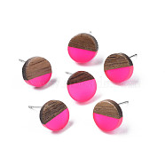 Transparent Resin & Walnut Wood Stud Earrings, with 316 Stainless Steel Pins, Flat Round, Deep Pink, 10mm, Pin: 0.7mm(EJEW-N017-008-A05)