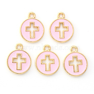 Light Gold Plated Alloy Enamel Pendants, Flat Round with Cross, Pearl Pink, 15x12x1.5mm, Hole: 1.6mm(ENAM-R136-18B)