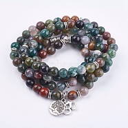 Natural Indian Agate Wrap Bracelets, with Alloy Finding, Om Symbol and Tree of Life, 36.22 inch~39.37 inch(92~100cm)(BJEW-E329-06E)