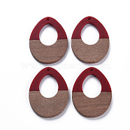Opaque Resin & Walnut Wood Pendants, Two Tone, Teardrop, FireBrick, 37x28.5x3mm, Hole: 2mm(RESI-T035-37A)