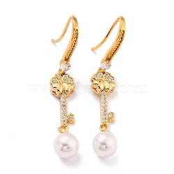 Clover Skeleton Key Sparkling Cubic Zirconia Dangle Earrings for Her, Brass Earrings with Acrylic Pearl Beads, Real 18K Gold Plated, 46.5mm, Pin: 0.9mm(ZIRC-C025-30G)