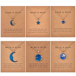 6Pcs Blue Moon Pendant Necklace, Adjustable Alloy Enamel Blue Star Planet Cat Dangle Charms Necklace Gifts for Women Lovers Christmas Birthday, Golden, 16.54 inch(42cm)(JN1067A)
