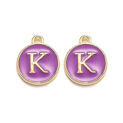 Golden Plated Alloy Enamel Charms, Enamelled Sequins, Flat Round with Alphabet, Letter.K, Purple, 14x12x2mm, Hole: 1.5mm(ENAM-Q437-12K)