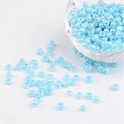 DIY Craft Beads 6/0 Ceylon Round Glass Seed Beads, Pale Turquoise, Size: about 4mm in diameter, hole:1.5mm, about 495pcs/50g(X-SEED-A011-4mm-143)