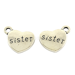 Tibetan Style Alloy Family Charms, Heart with Word Sister, Cadmium Free & Nickel Free & Lead Free, Antique Silver, 14x18x3mm, Hole: 2.5mm(TIBEP-5429-AS-FF)