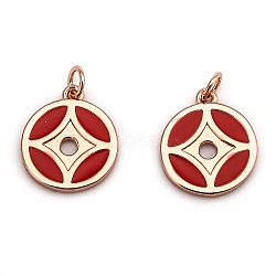 Brass Enamel Charms, Long-Lasting Plated, with Jump Ring, Copper Coin Shape, Red, Rose Gold, 13x11x1.2mm, Hole: 2.7mm(KK-B026-21RG)