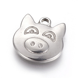 304 Stainless Steel Pendants, Pig, Stainless Steel Color, 16.2x15.2x2.5mm, Hole: 2mm(STAS-I105-49P)