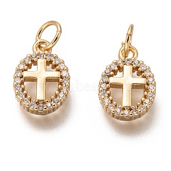 Brass Micro Pave Clear Cubic Zirconia Charms, Long-Lasting Plated, with Jump Ring, Oval with Cross, Golden, 12x8x2mm, Jump Ring: 5x1mm, 3mm Inner Diameter(ZIRC-C020-62G)
