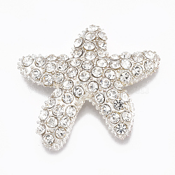 Alloy Rhinestone Cabochons, Starfish/Sea Stars, Crystal, Silver Color Plated, 28x32x5mm(RB-T008-06S)
