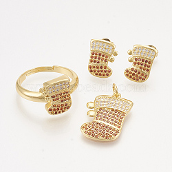 Brass Cubic Zirconia Pendants & Stud Earrings & Adjustable Rings Jewelry Sets, Christmas Socks, Golden, 22x15x2mm, hole: 3mm, 13x10mm, Pin: 0.7mm, Size 8, 18mm(SJEW-S043-08)