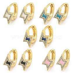 Lightning Bolt Real 18K Gold Plated Brass Hoop Earrings, with Enamel and Clear Cubic Zirconia, Mixed Color, 11.5x8mm(EJEW-L269-071G)