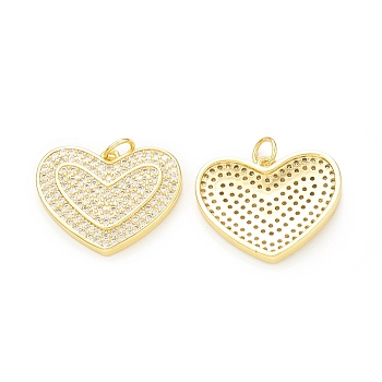 Rack Plating Brass Cubic Zirconia Pendants, with Jump Ring, Cadmium Free & Lead Free, Long-Lasting Plated, Real 18K Gold Plated, Heart Charm, Clear, 17x21x3mm, Hole: 3mm