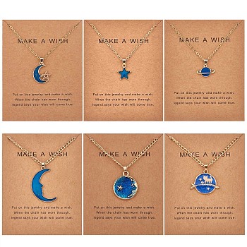 6Pcs Blue Moon Pendant Necklace, Adjustable Alloy Enamel Blue Star Planet Cat Dangle Charms Necklace Gifts for Women Lovers Christmas Birthday, Golden, 16.54 inch(42cm)