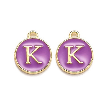 Golden Plated Alloy Enamel Charms, Enamelled Sequins, Flat Round with Alphabet, Letter.K, Purple, 14x12x2mm, Hole: 1.5mm