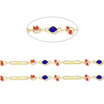Real 18K Gold Plated Brass Oval & Flat Round Link Chains, with Glass Beaded, Soldered, with Spool, Lead Free & Cadmium Free & Nickel Free, Red, 10x4.5x1.7mm, 15x2.5x0.3mm