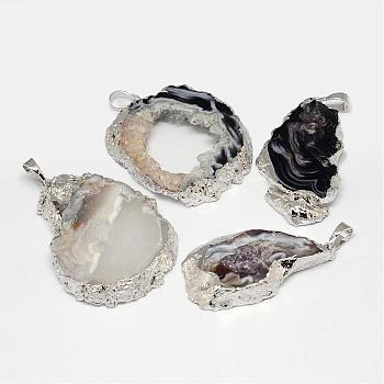 Imported Natural Geode Agate Big Pendants, Nuggets, with Brass Finding, Silver, 35~71x15~35x5~8mm, Hole: 5x8mm