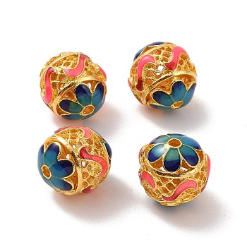 Hollow Alloy Beads, with Enamel, Round with Flower, Matte Gold Color, Deep Pink, 14mm, Hole: 2mm