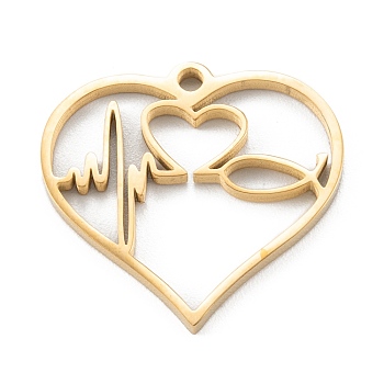 304 Stainless Steel Pendants, Hollow, Heart with Heartbeat, Golden, 22x23x1.6mm, Hole: 1.8mm