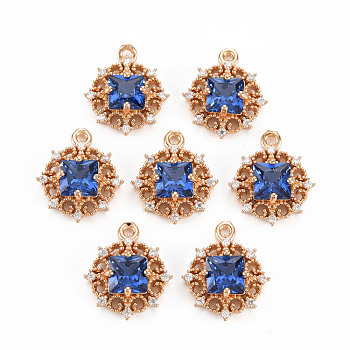 Rack Plating Brass Micro Pave Clear Cubic Zirconia Pendants, with Faceted Glass, Long-Lasting Plated, Cadmium Free & Lead Free, Flat Round, Royal Blue, 16.5x14x5mm, Hole: 1.2mm