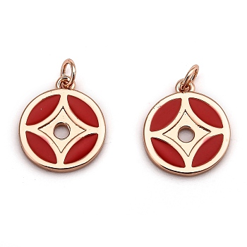 Brass Enamel Charms, Long-Lasting Plated, with Jump Ring, Copper Coin Shape, Red, Rose Gold, 13x11x1.2mm, Hole: 2.7mm