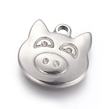 304 Stainless Steel Pendants, Pig, Stainless Steel Color, 16.2x15.2x2.5mm, Hole: 2mm